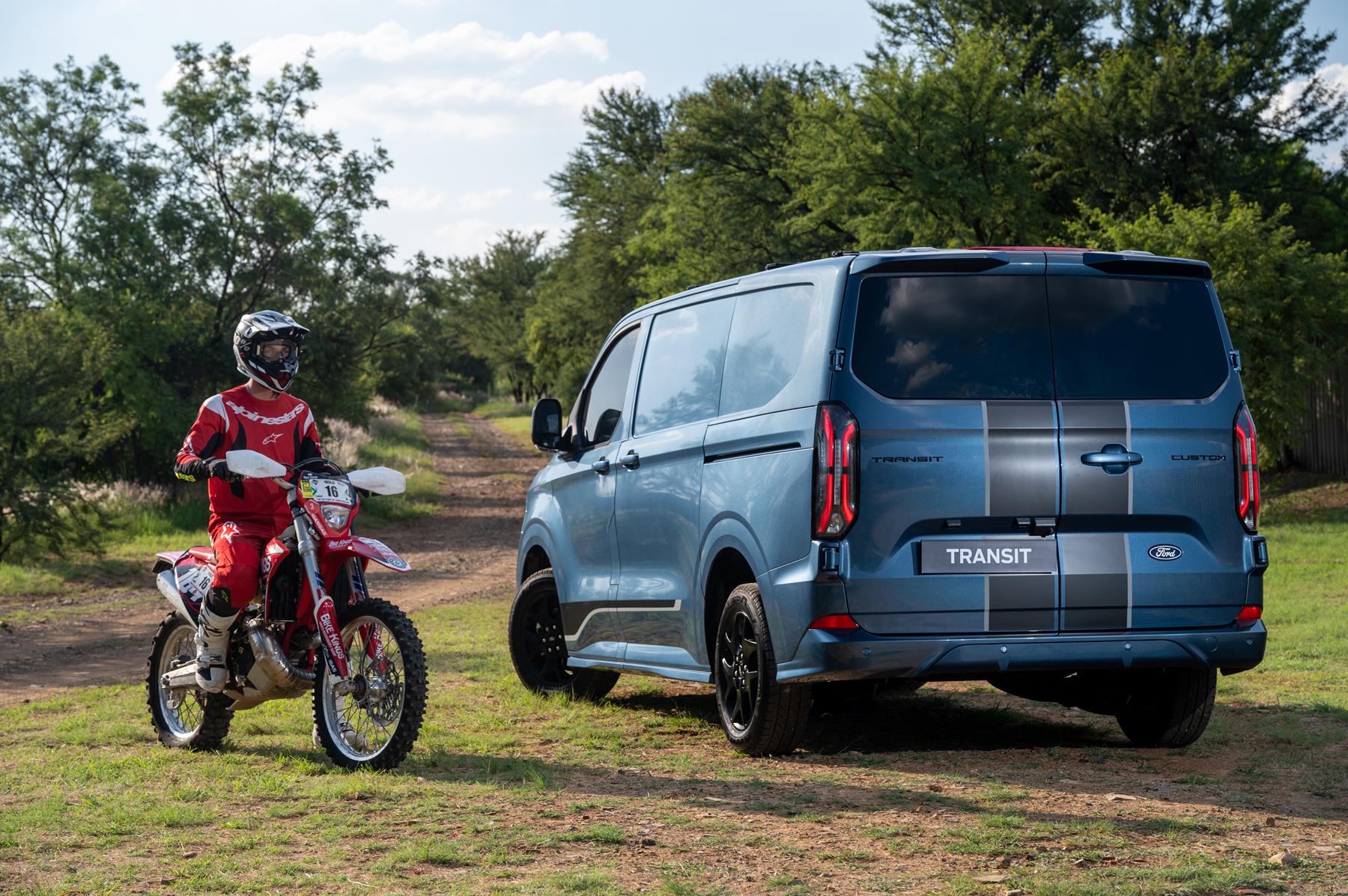 Ford Custom Transit rear view with motorcycle