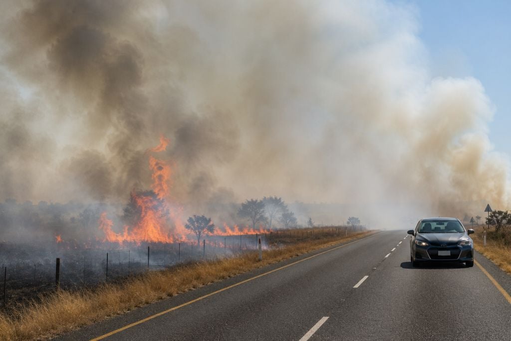 Car travelling through smoke from fire