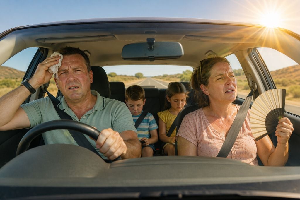 Family driving in a hot car